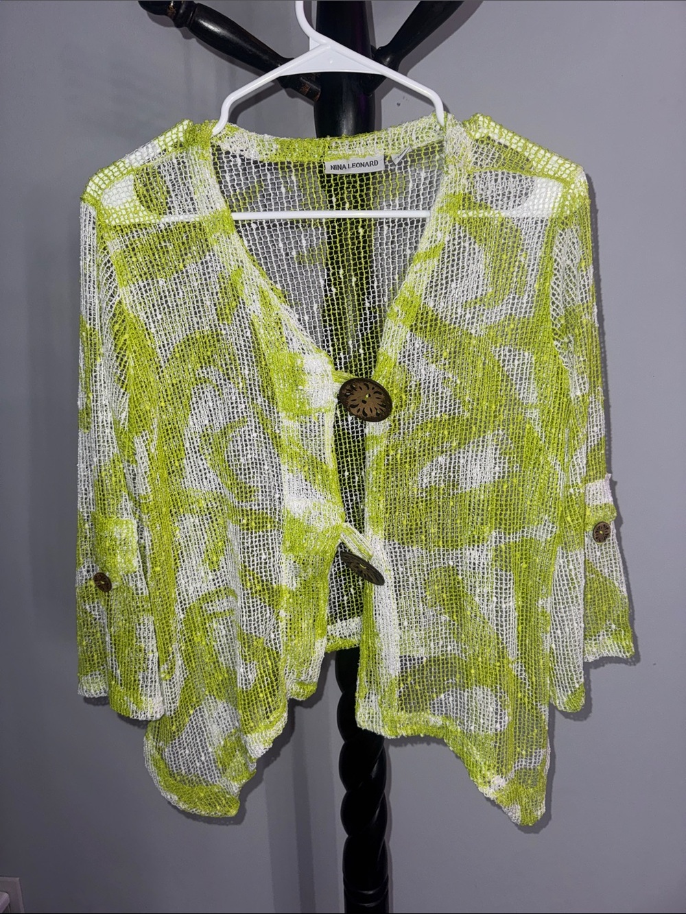 Nina Leonard Lime Green & White Open-Weave Button Cardigan 3.1T